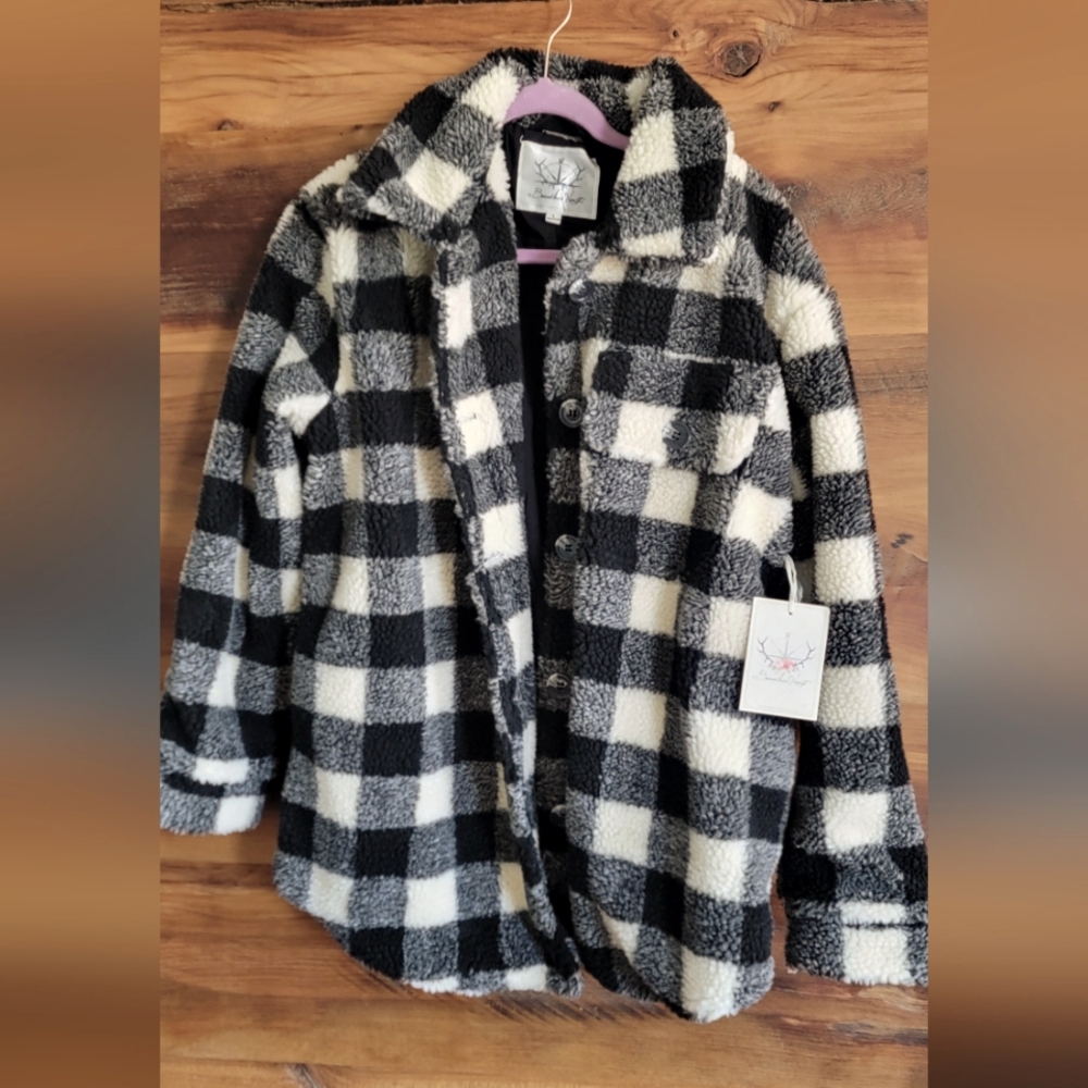 Sundance Catalog Plaid Sherpa Fleece Jacket, Black and white button up Shacket.